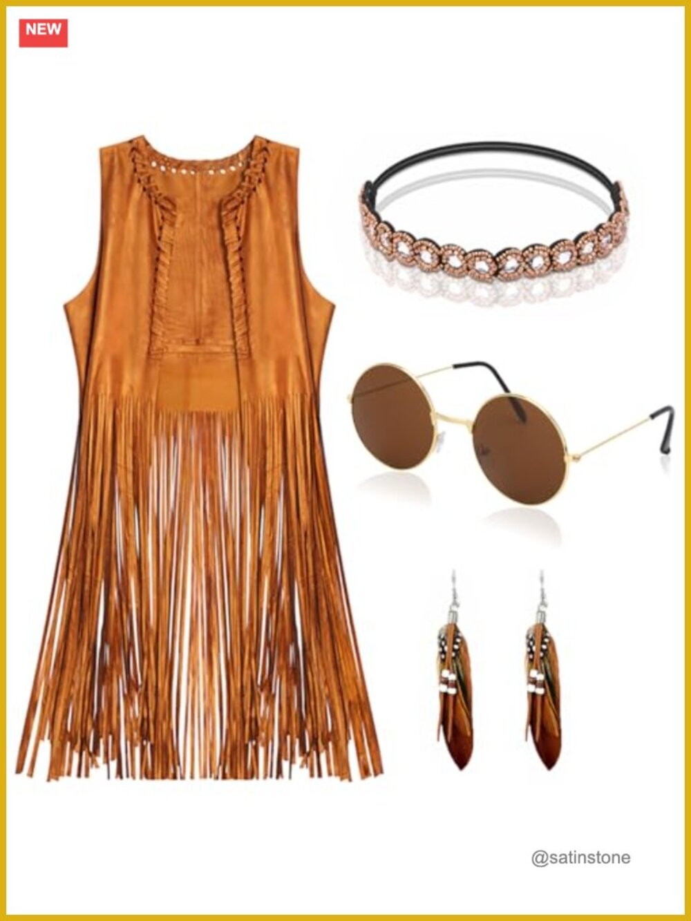 Womens 60s 70s Hippie Costume Fringe Vest Set Party Outfit